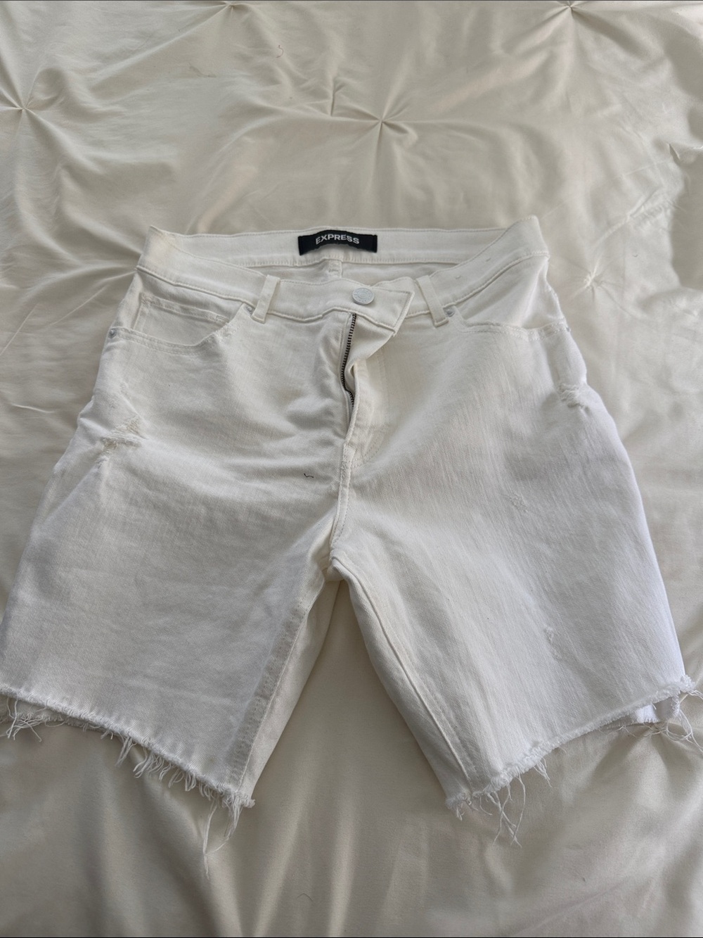 Express White Frayed Hem Denim Shorts high rise Bermuda